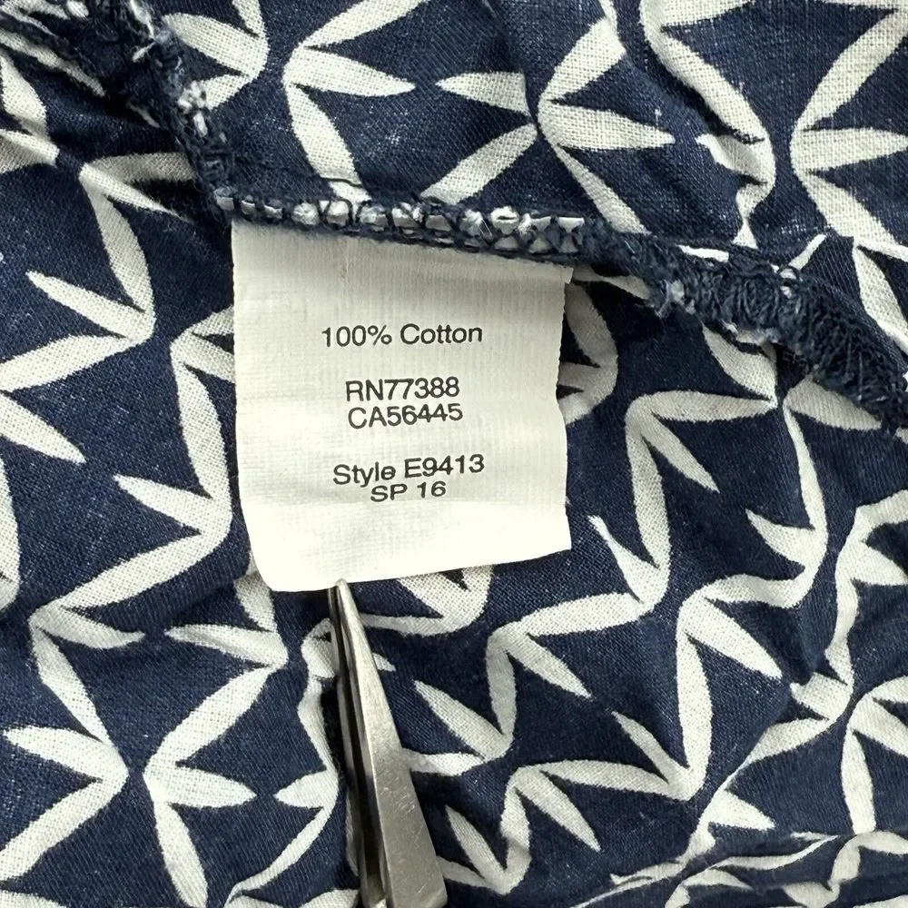 J Crew Womens Small Retro Boho Geometric V-Neck Tunic 3/4 Sleeves Navy White‎